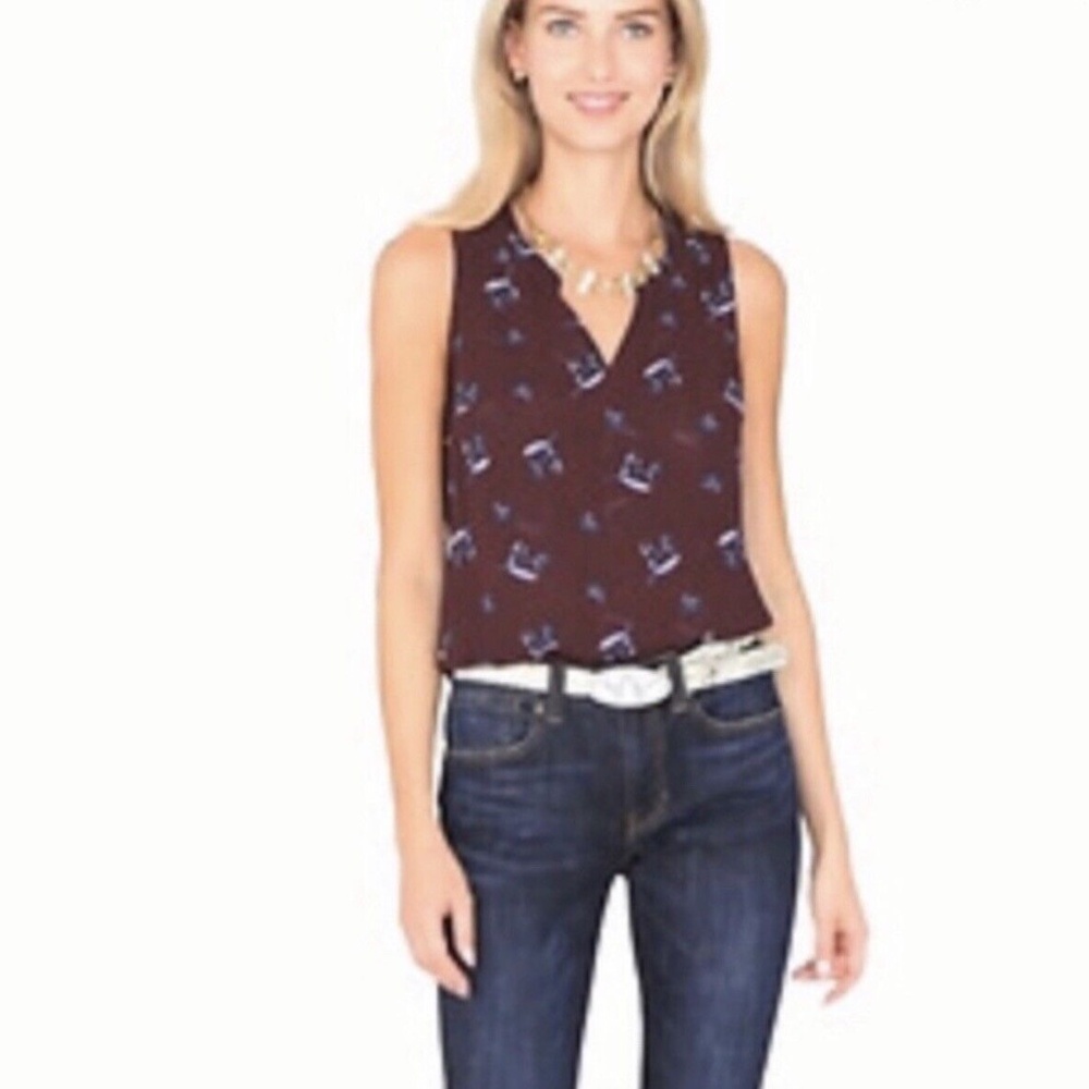 CAbi Icy Bouqet V-neck Maroon Burgundy Floral Print Flowy Sleeveless Tank Blouse